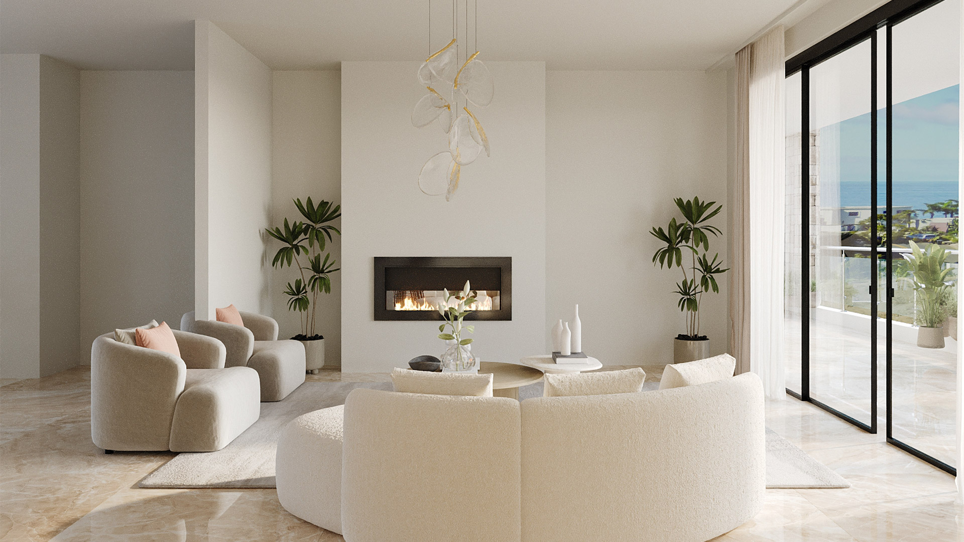 living room with fireplace and beautiful outdoor view