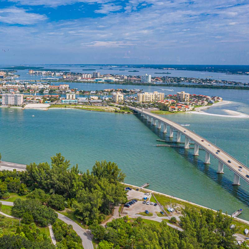 Drone angle view of Clearwater Beach and Bridge.