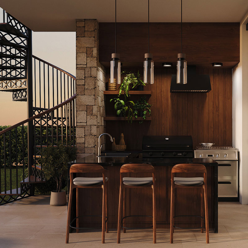 outdoor bar with spiral staircase